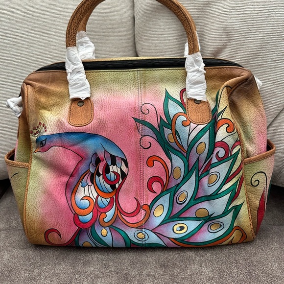 Colorful Hand Painted Leather Peacock Design Women's Bag - Picture 1 of 5